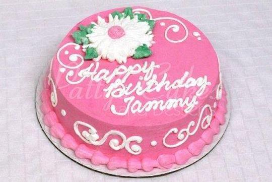 round pink birthday cake
