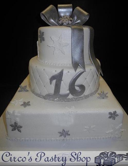 silver and white birthday cakes